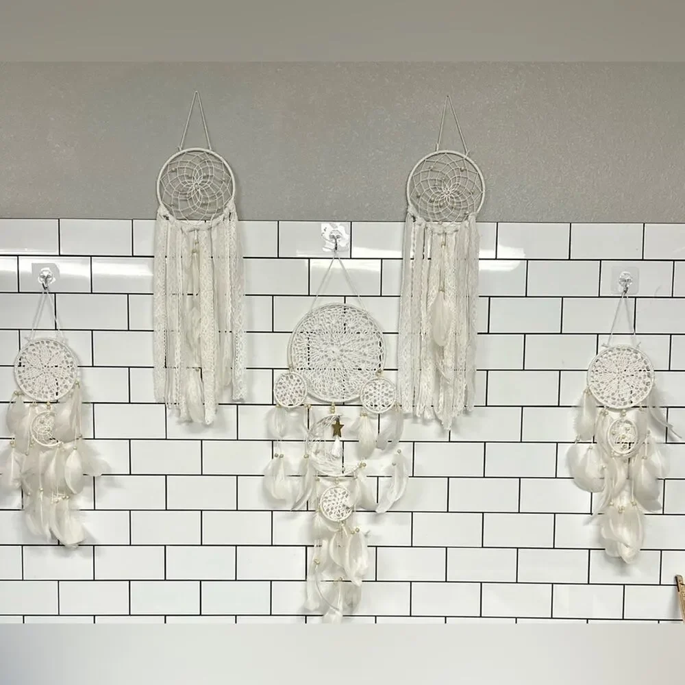 Boho Cream Dreamcatcher Wall Set 6pc Lace Feather Crochet Hanging Decor - Picture 2 of 9